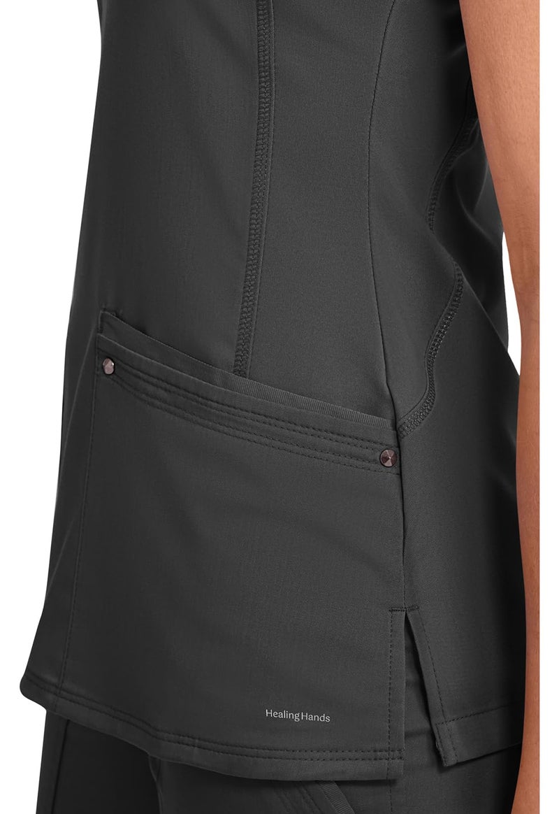 Healing Hands Women's Scrub Top V-Neck with 2 Pockets, 2-Way Stretch, and Yoga Knit Side Panels for Slim Fit - 2245, S, Black - Image 2